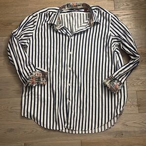 Robert Graham Button Down Blue & White Striped Shirt, Size L/XL w/ cuff detail